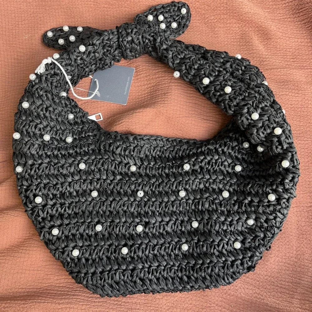 NWT Haute Hippie Beaded Hobo Bag Black with Pearl Accents Women's Handbag